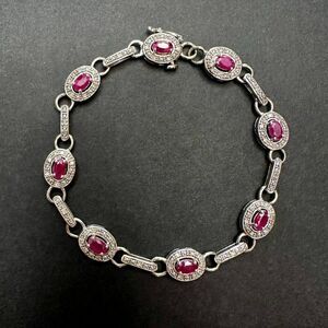 Vintage Art Deco Style Silver Bracelet with Red Stones